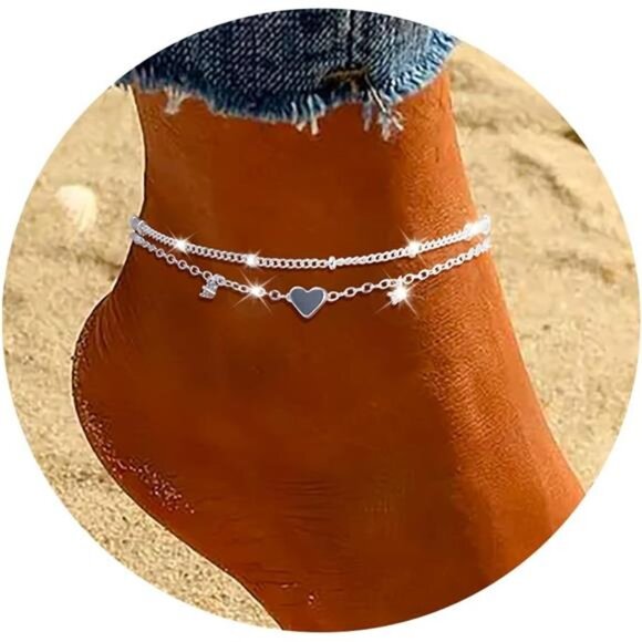 Sterling Silver Anklet for Women Heart Charm CZ Layered Waterproof Jewelry - Picture 1 of 8